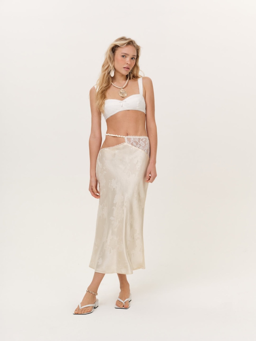 For Love & Lemons Adrift Satin
Midi Skirt | Cream | Hand Beaded | S | NWT